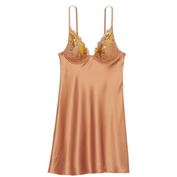 Victoria's Secret Gold Sequined Ziggy Glam Floral Embroidery Underwire Slip SZ L - Picture 3 of 7